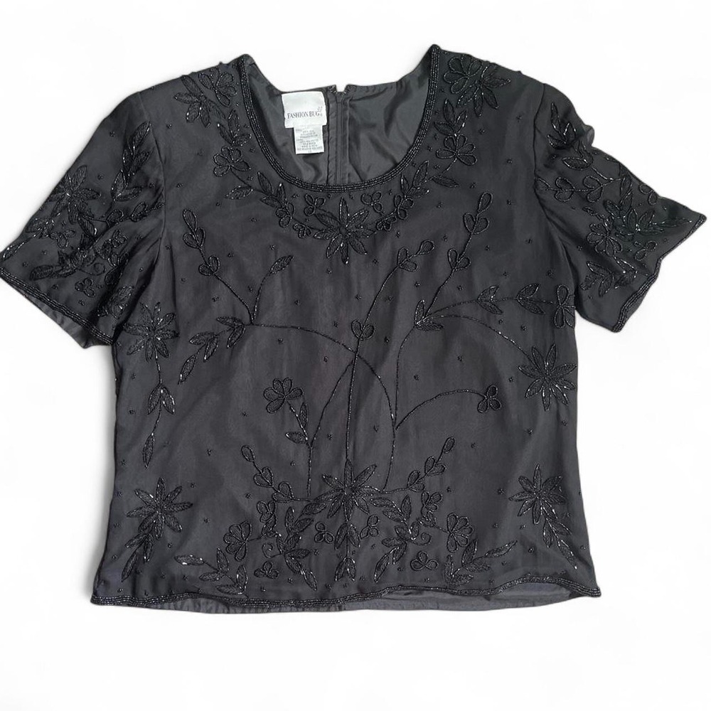 Vintage Fashion Bug Black Beaded Floral Sequin Evening Top Short Sleeve Blouse L